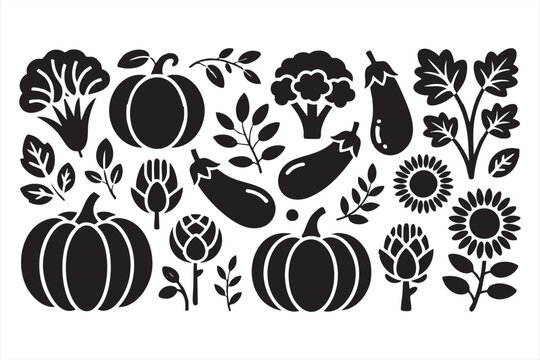 Seasonal produce silhouettes with pumpkins, broccoli, sunflowers and foliage for web design