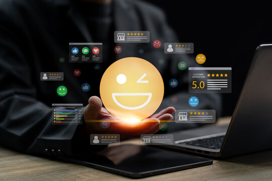 Customer satisfaction, Businessman holding smiling icon representing top High ratings, Excellent service quality, Trusted reviews, Strong online feedback reflect outstanding after-sales performance