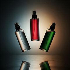 Three perfume bottles suspended in mid air with reflections