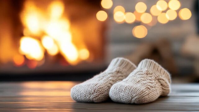 Knitted baby booties on wooden floor in front of warm fireplace with bokeh lights