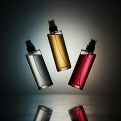 Three perfume bottles suspended in mid air with reflections