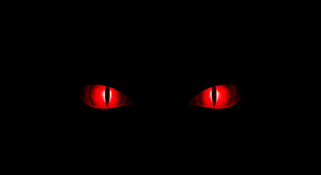 Two vivid red eyes stand out against a stark black background, creating intense focal point, representative of mystery, vigilance, and the supernatural