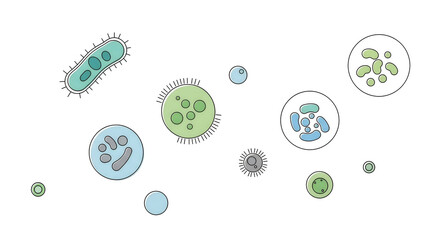 Microscopic organisms in blue and green float against a in a scientific illustration.