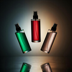 Three perfume bottles suspended in mid air with dramatic lighting
