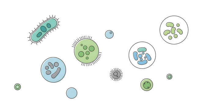 Microscopic organisms in blue and green float against a in a scientific illustration.