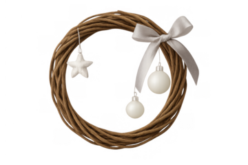 Rustic christmas wreath with white star and baubles, gray ribbon bow, natural holiday decoration, transparent background