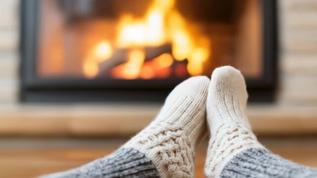 Cozy feet in knitted socks by warm burning fireplace during cold winter