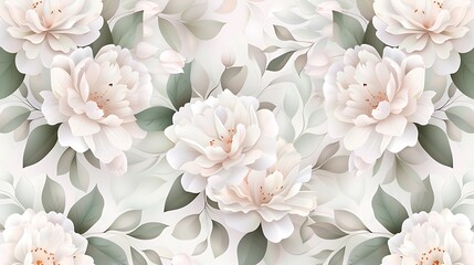 Elegant Floral Pattern with Soft White Peonies and Green Leaves on a Subtle Light Background