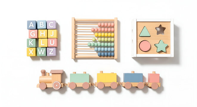 Educational wooden toys including blocks abacus shape sorter and train for children. - Powered by Adobe