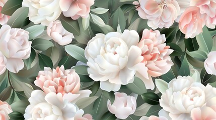 Beautiful Floral Pattern with Soft Pink and White Peonies and Green Leaves on a Light Background