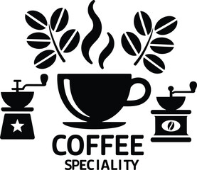 Black coffee cup with steam and coffee beans on branches vector