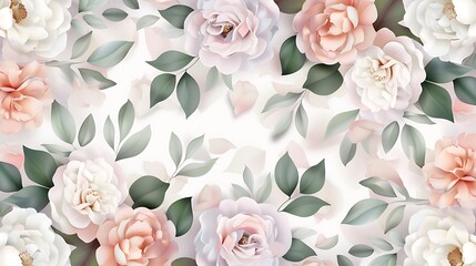 Delicate Floral Background with Soft Pink and White Roses and Green Leaves in a Subtle Lush Arrangement