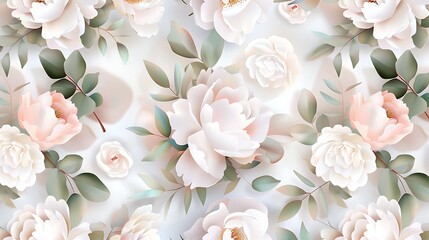 Soft Pastel Floral Pattern with Peonies and Leaves on a Light Background for Elegant Design Projects
