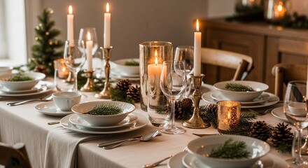 Festive dining table with candles and pinecones – holiday decor with copy space