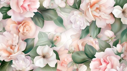 Elegant Floral Pattern with Soft Pink and White Roses and Leaves for Background or Decoration Use