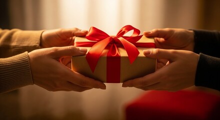 Hands exchanging wrapped gift with red ribbon – festive moment with copy space