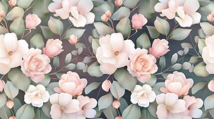 Delicate Floral Pattern with Soft Pink and White Blooms on a Dark Background for Elegant Decorative Use