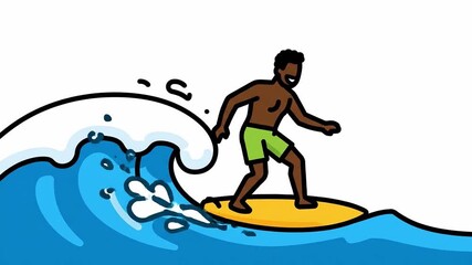 Dynamic surfer animation sequence riding a wave, stylized cartoon visuals depicting exhilarating
