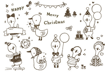 Cute Christmas Goose  Character Set in dark brown Stencil Stamp Style. Minimal , Modern vintage and cozy handmade  style. Isolated , Transparent background .