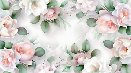 Elegant Floral Frame with Soft Pink Roses and Green Leaves on a Light Background for Design Projects
