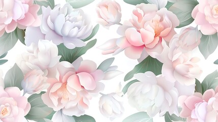 Soft and Delicate Floral Print Design with Pastel Peonies and Green Leaves for Elegant Backgrounds