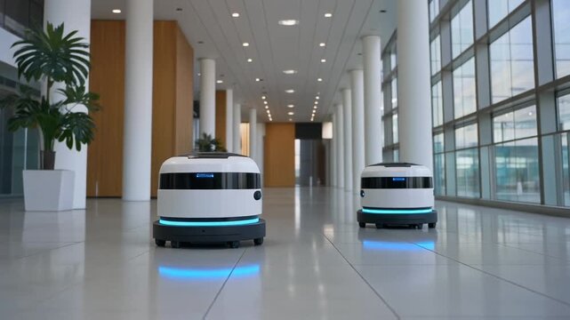 Two autonomous service robots patrolling modern office hallway
