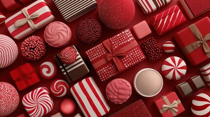 Red and white candies gift boxes and chocolate balls on a red background in a flat lay composition top view for celebration design