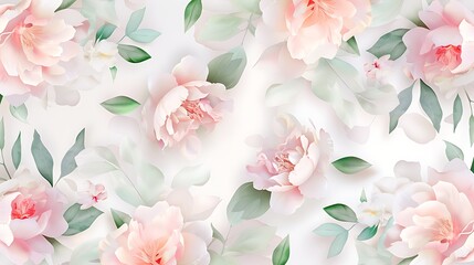 Soft Pink Peony Floral Pattern with Green Leaves on Light Background for Backgrounds or Textiles