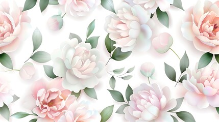 Soft Pastel Floral Pattern with Blooming Peonies and Green Leaves on a White Background for Elegant Designs