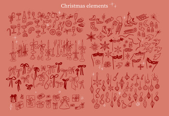 Hand drawn sketch elegant delicate spruce winter Christmas elements
