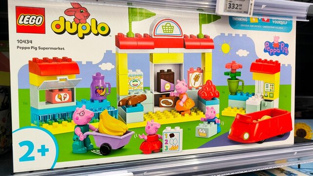 LEGO DUPLO Peppa Pig Supermarket set on shelf | Colorful toddler toy with characters | Concept of preschool toys, parenting, retail editorial
