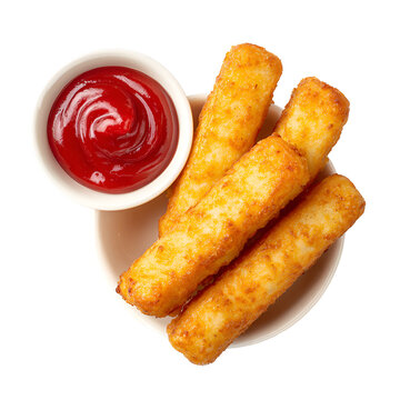 Golden brown potato hash brown sticks with ketchup dip overhead view