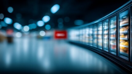 Modern Grocery Store Interior with Refrigerated Shelves and Blurred Background for Commercial Use
