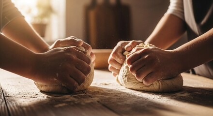 Two people kneading dough on rustic kitchen table with copy space