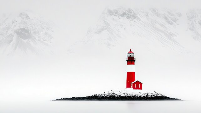A solitary red and white lighthouse stands on a small, snow-covered rocky island, with misty, snow-capped mountains looming in the background under a pale sky.