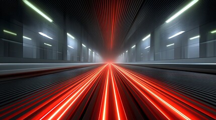 Futuristic Abstract Tunnel with Red Light Beams and Modern Architecture in a Dark Setting