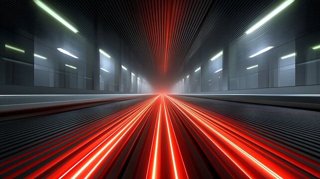 Futuristic Abstract Tunnel with Red Light Beams and Modern Architecture in a Dark Setting