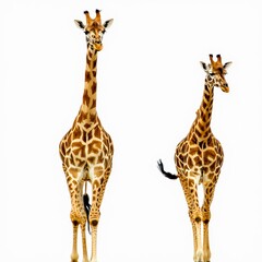 Fototapeta premium Two Giraffes Standing Facing Forward on White Background