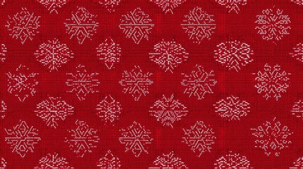 This geometric Christmas pattern features intricate white designs over a vibrant red background. The repeated motifs evoke warmth, joy, and holiday spirit, ideal for decorating any festive space