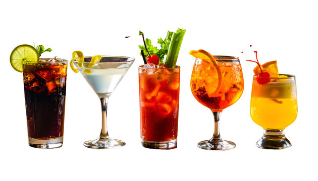 Row of colorful assorted cocktails isolated on Transparent Background
