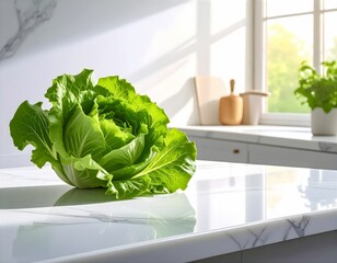 Frischer grüner Salatkopf auf einer Marmorarbeitsfäche in einer Küche,im sanften natürlichen Licht