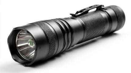 A black metallic flashlight with a textured grip and clip rests on a white background