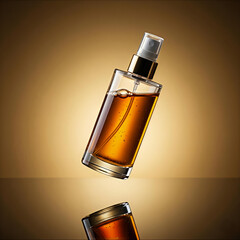 Elegant amber perfume bottle levitating with cap below