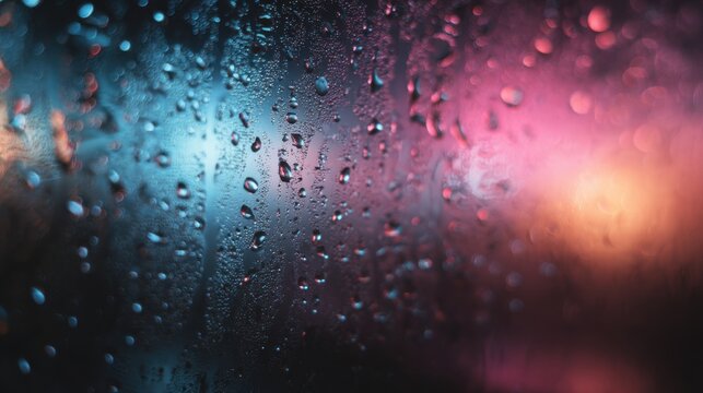 Close up of raindrops on glass with blurred neon lights in background water