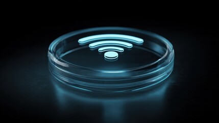 Glowing blue Wi Fi signal icon inside a clear glass petri dish on a dark background