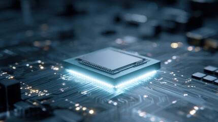 Close up view of a central processing unit illuminated with glowing blue light on a circuit board