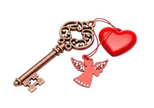 Antique key with a red heart and a small angel charm, isolated on transparent background