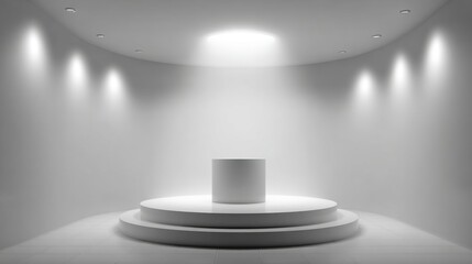 Fototapeta premium Empty illuminated display stage with circular tiered platforms and spotlight illumination