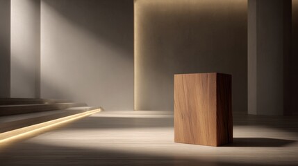 Minimalist interior scene with wooden podium bathed in soft light and shadow