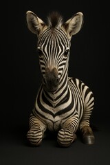 Baby zebra sitting in studio portrait with detailed stripes (JPEG 300DPI 7200x10800)